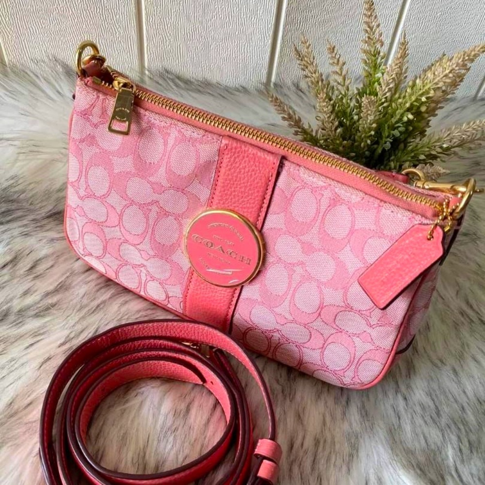 SOLD OUT IN STORES COACH Lonnie Baguette In Signature Jacquard pink